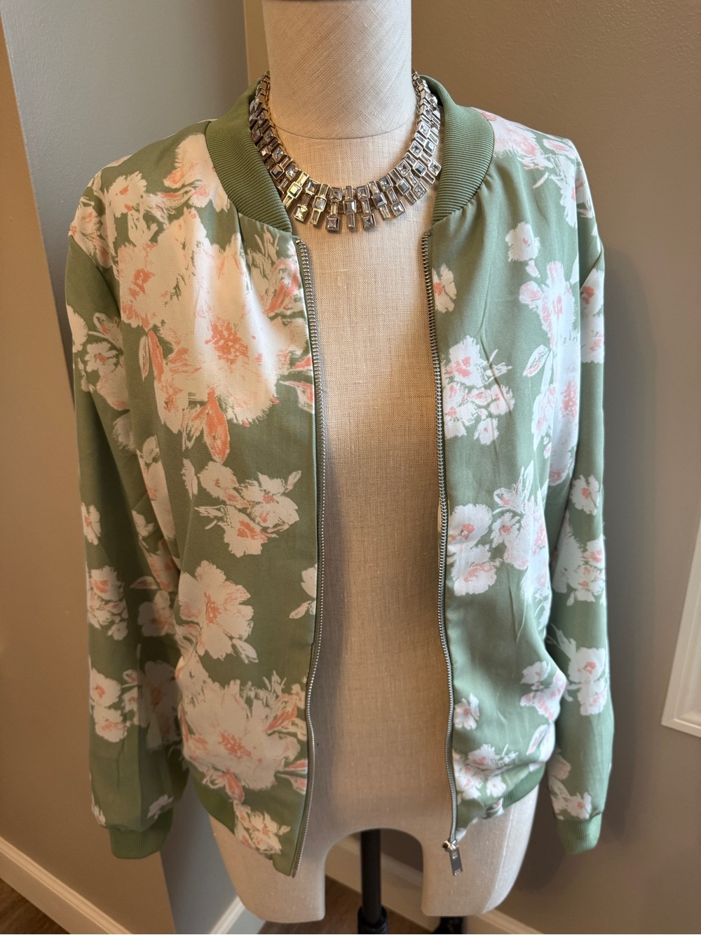 Love Tree - Sage Green Floral Bomber Jacket